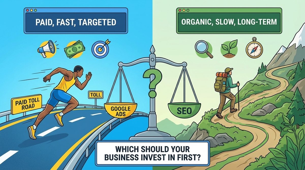 Google Ads vs SEO comparison showing paid search and organic search strategies